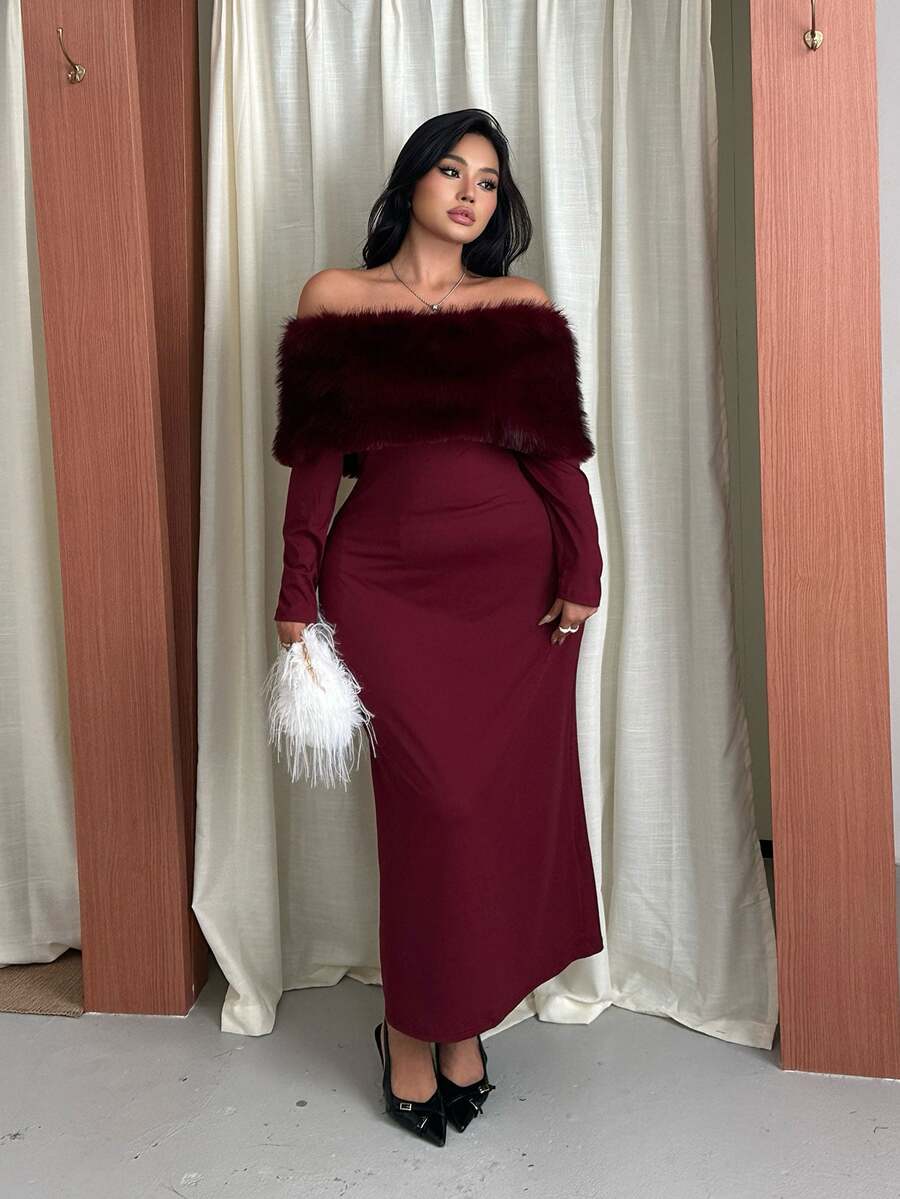GalTyme Plus Size Women's Plush Patchwork Elegant Waist-Cinching Party Dress Fall - Burgundy - View 1