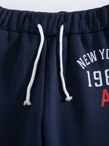 青少年女孩字母印花抽繩腰休閒喇叭運動長褲 - 寶藍色 - 查看 7