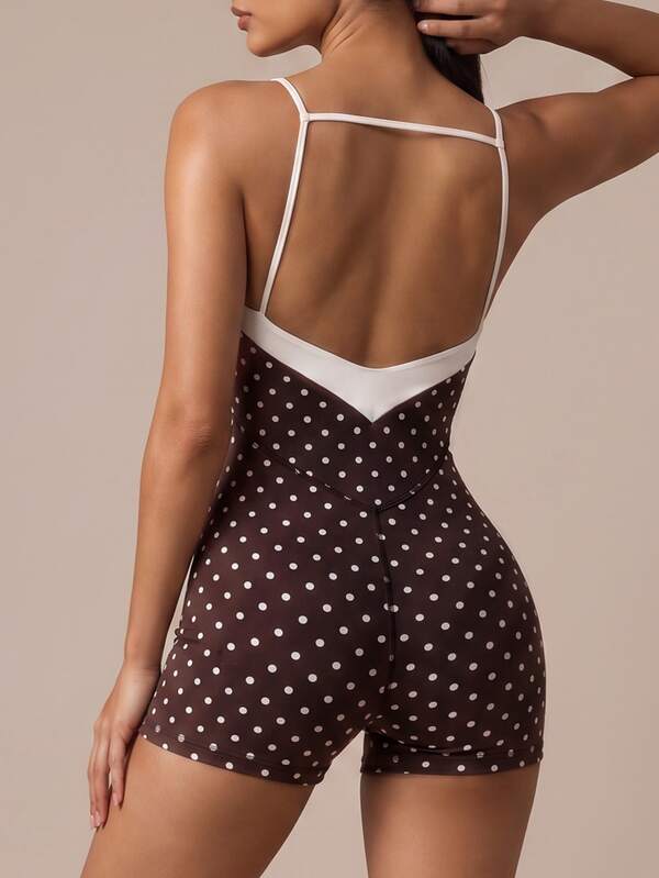 SHEIN BAE Women's Fashion Polka Dot Print Colorblock Spaghetti Strap Athletic Romper