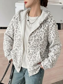 SHEIN 青少年女孩黑色愛心印花抓絨連帽拉鍊外套，秋季毛絨外套返校穿搭 - 杏色 - 查看 1