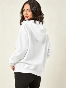 SHEIN BASICS 舒適抓絨落肩拉鍊連帽衛衣，秋冬長袖上衣 - 白色 - 查看 4
