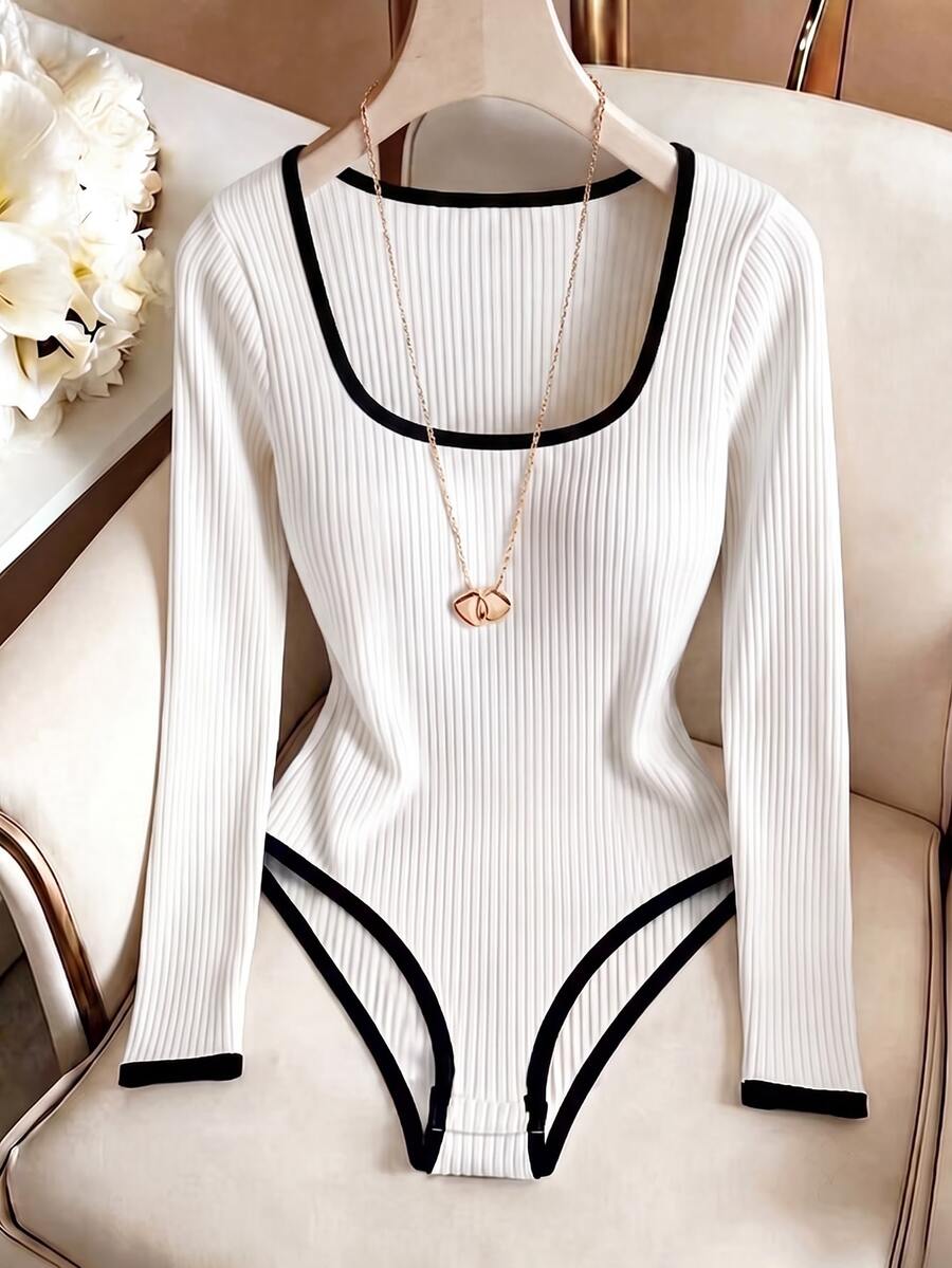 SHEIN LUNE Women's Trim Square Neck Long Sleeve Casual Bodysuit - Multicolor - View 1