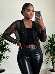 SHEIN Lady Jaket Wanita Ukuran Besar Lengan Panjang Mengkilap dengan Bukaan Depan untuk Halloween, Koktail, Acara Formal, Musim Panas, Elegan, Gaya Gotik - Hitam - View 5