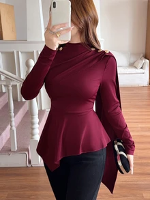 Feyla New Design Asymmetrical High Neck Slim Fit Fashion Ribbon Versatile Long Sleeve Top - Burgundy - View 3