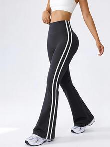 SHEIN EZwear 女款高腰長褲，春夏新款側條紋撞色喇叭褲，舒適，適合騎單車及其他運動。秋季長褲，適合日常通勤、派對、秋冬/春夏、聖誕節、新年、感恩節、派對、婚禮、海灘、畢業典禮、優雅、外出、約會、通勤、情人節、優雅、度假 - 黑色 - 查看 5
