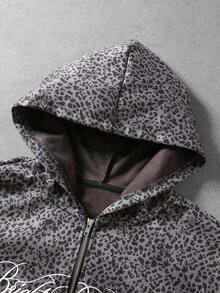 ROMWE MEN Street Life 男士豹紋字母圖案休閒日常連帽衫 - 灰色 - 查看 3
