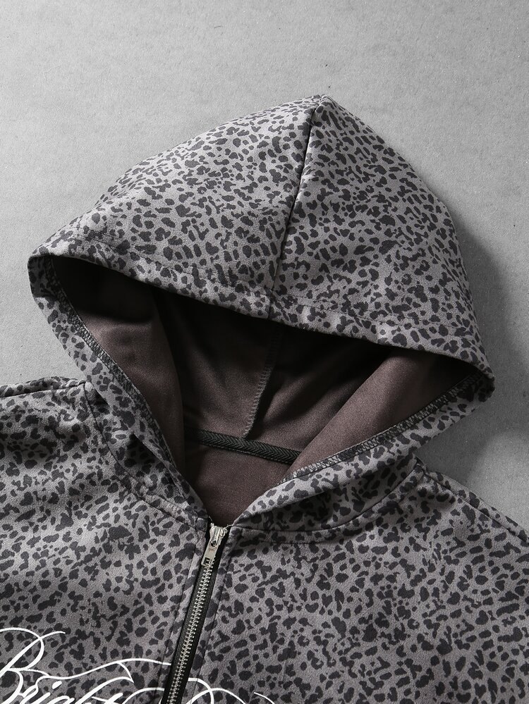ROMWE MEN Street Life Men's Leopard Print Letter Pattern Casual Daily Hoodie - Grey - View 3