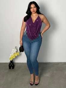 Firerie Plus Size Women's Rhinestone Decorated Fashion Versatile Daily Wear Halter Neck Top - Red Violet - View 6