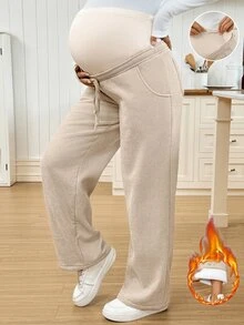 SHEIN Maternity Solid Color Adjustable Waist Straight Leg Casual Pants - Khaki - View 1