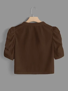 SHEIN Clasi Plus 號花瓣袖前開襟短版夾克，棕色秋季休閒寬鬆優雅款，適合辦公室、居家穿著、正式場合與雞尾酒會 - 咖啡棕 - 查看 2