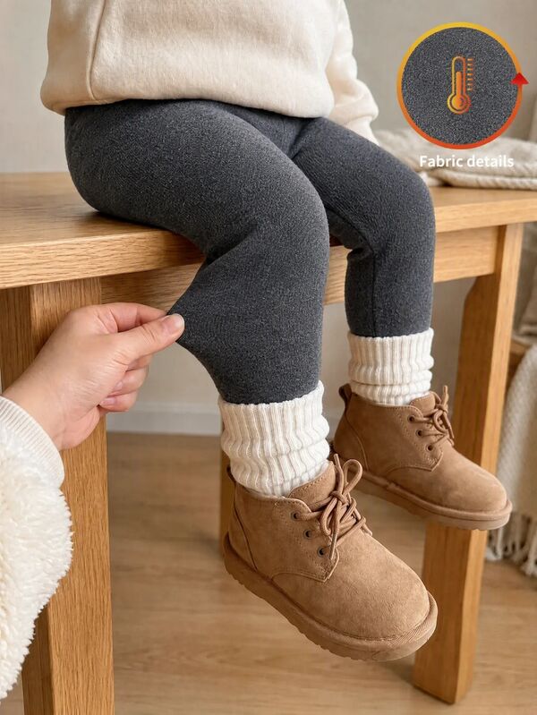 SHEIN Cute Casual Versatile Baby Girl Knitted Solid Color Thermal Lined Slim Fit Long Pants, Autumn/Winter  Leggings