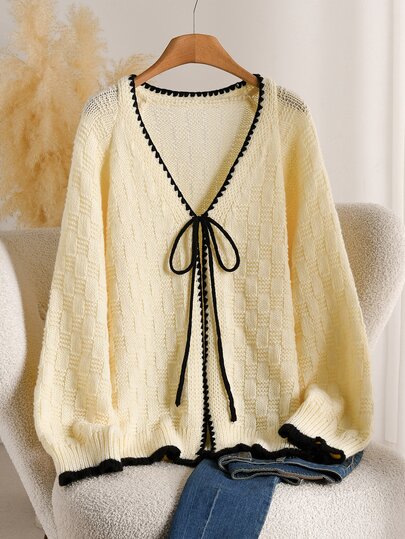 CosyJoli Women's Plaid Textured V-Neck Knit Cardigan, Loose Fit With Scalloped Edge, Tie-Up Bow, Fuzzy Sweater Jacket, Autumn/Winter