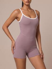 SHEIN BAE Women Lilac Spaghetti Strap Athletic Romper Gym Workout Training Running Yoga Sports Bodysuit - Baby Pink - View 5