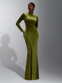 Elitara Elegant Olive Green Lace Velvet Stand Collar Long Sleeve Slit A-Line Bridesmaid Dress - Olive Green - View 4