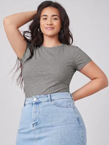 SHEIN BASICS Camiseta de cuello redondo lisa y ajustada para verano - Gris - Ver 5