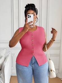 SHEIN PETITE CURVE 大尺碼女款休閒優雅純色前扣無袖針織上衣，夏季服飾 正式約會之夜舞會 粉色 辦公商務 - 粉色 - 查看 5