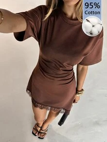 Aloruh 女款優雅休閒圓領無袖蕾絲拼接迷你洋裝，深棕色，適合早午餐與夏季 - 摩卡棕 - 查看 6