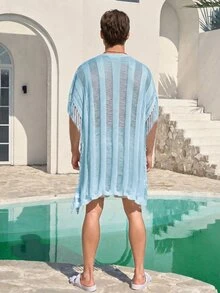 Ironwick Desain Fashion Baru Eropa & Amerika, Warna Polos, Kardigan Santai untuk Liburan, Kasual, dan Berumbai, Kemeja Pantai Bohemian Pria dengan Bagian Depan Terbuka - Biru - View 2