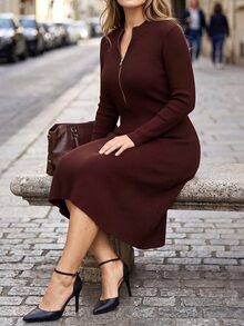 Velvienne Plus Size Women Solid Color Casual Party Knit Dress - Burgundy - View 5