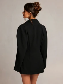 SHEIN BAE 女款純色大翻領長袖優雅西裝外套 - 黑色 - 查看 2