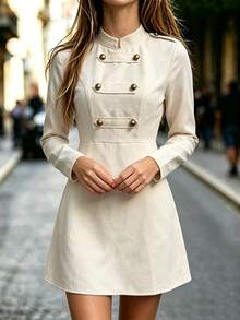 SHEIN Apricot Workwear Mini Dress Epaulet Double Metal Buttons Long Sleeve For Women - Apricot - View 4