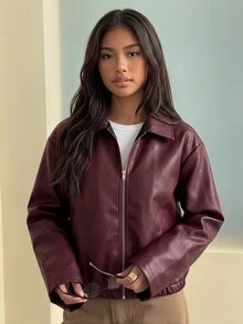 SHEIN Sparklyn 青少年女孩秋冬休閒日常高端校園通勤Ins風百搭PU皮革翻領寬鬆夾克，秋季服飾，抓絨，長袖 - 酒紅色 - 查看 5