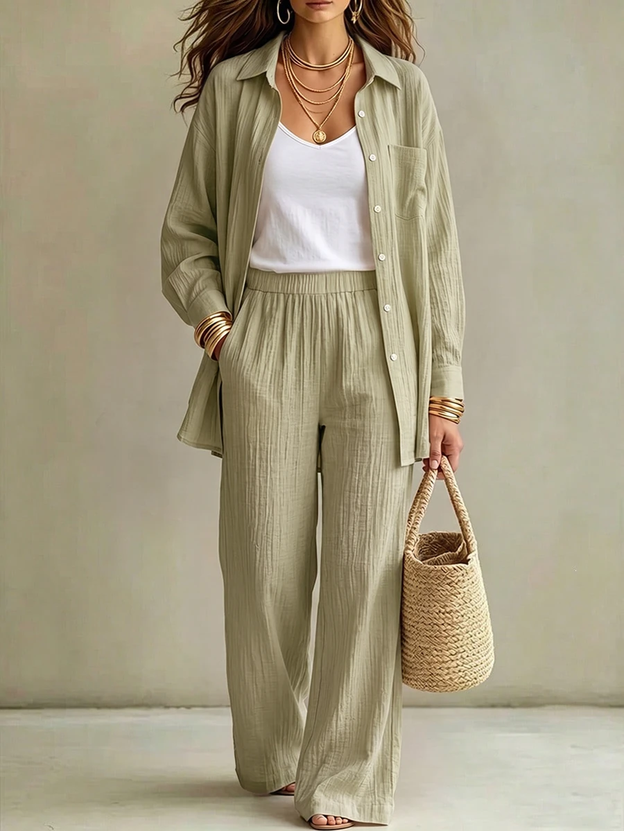 GlowEve CURVE Plus Size 2pcs Set Sun Protection Shirt & Long Pants, Long Sleeve With Pockets, Straight Leg, Versatile Casual Fashion, Suitable For All Seasons - Khaki - View 1