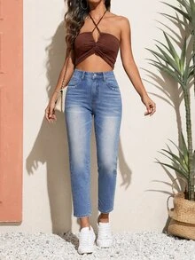 SHEIN PETITE 女款休閒百搭日常旅行牛仔褲，附口袋與鈕扣設計 - 藍色 - 查看 6