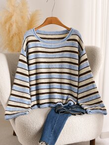 CosyJoli Vintage Dressy Blue Brown Colorblock Striped Long Sleeve Versatile Casual Sweater Formal Vacation Autumn Winter, Fall/Winter, Thanksgiving, New Year - Blue - View 2