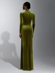 Elitara Elegant Olive Green Lace Velvet Stand Collar Long Sleeve Slit A-Line Bridesmaid Dress - Olive Green - View 3