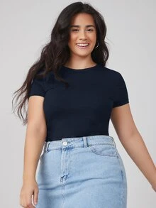 SHEIN BASICS Plus Round Neck Solid Slim Tee Summer Tops - Navy Blue - View 1