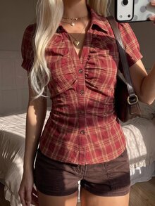 CovetEZ Women's Casual Minimalist Christmas Red Plaid Button-Front Ruched Waist Short Sleeve Blouse, Autumn Top, All-Season Wear, Y2K Style, Vintage Streetwear, Suitable For Daily Commute, Dating, Gathering, Autumn/Winter, Summer, Party, Wedding, Beach, Ideal Choice For Women's Autumn/Winter Clothing And Back To School Season - Burgundy - View 3