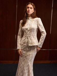 MOTF PREMIUM ELEGANT EXQUISITE LACE FROG BUTTON TOP AND MERMAID HEM SKIRT 2-PIECES SET - White - View 5