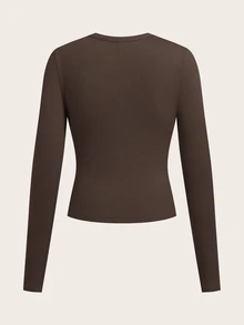 SHEIN BASICS 休閒純色針織圓領長袖修身女款T恤，日常上學穿搭，咖啡棕，秋季 - 咖啡棕 - 查看 2