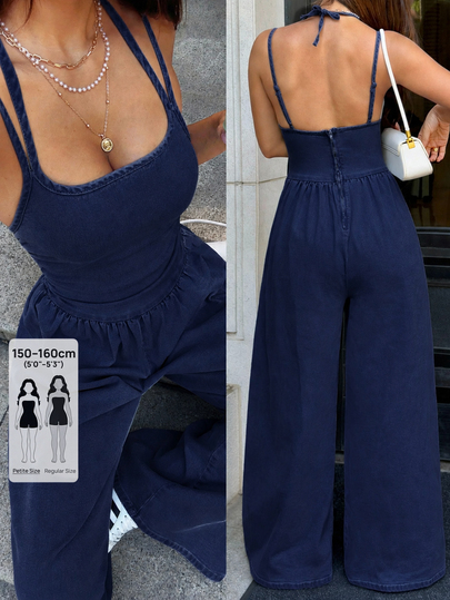 SHEIN PETITE Women's Pleated Casual Daily Wear Denim Wide Leg Jumpsuit