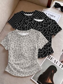 SHEIN 3件隨機款兒童青少年女孩迷你裙，復古多巴胺配色、豹紋與波點設計 - 白色 - 查看 3