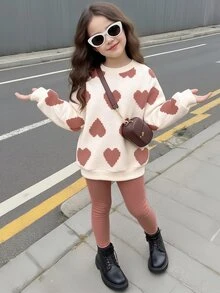SHEIN 女童休閒圓領長袖運動衫與內搭褲2件套，適合秋冬穿著 - 彩色 - 查看 2