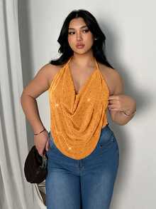 Firerie Plus Size Women's Cowl Neck Fashion Sexy Halter Tank Top - Coral Orange - View 5