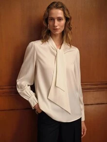 MOTF PREMIUM WOMEN'S SPRING/AUTUMN SOLID COLOR TIE NECK BLOUSE FOR DAILY OFFICE COMMUTE - White - View 4