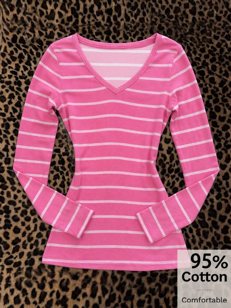 Attitoon 95% Cotton Women's Casual V-Neck Fitted Long Sleeve T-Shirt, Striped T-Shirt, Women's Autumn/Winter Clothing - Multicolor - View 1