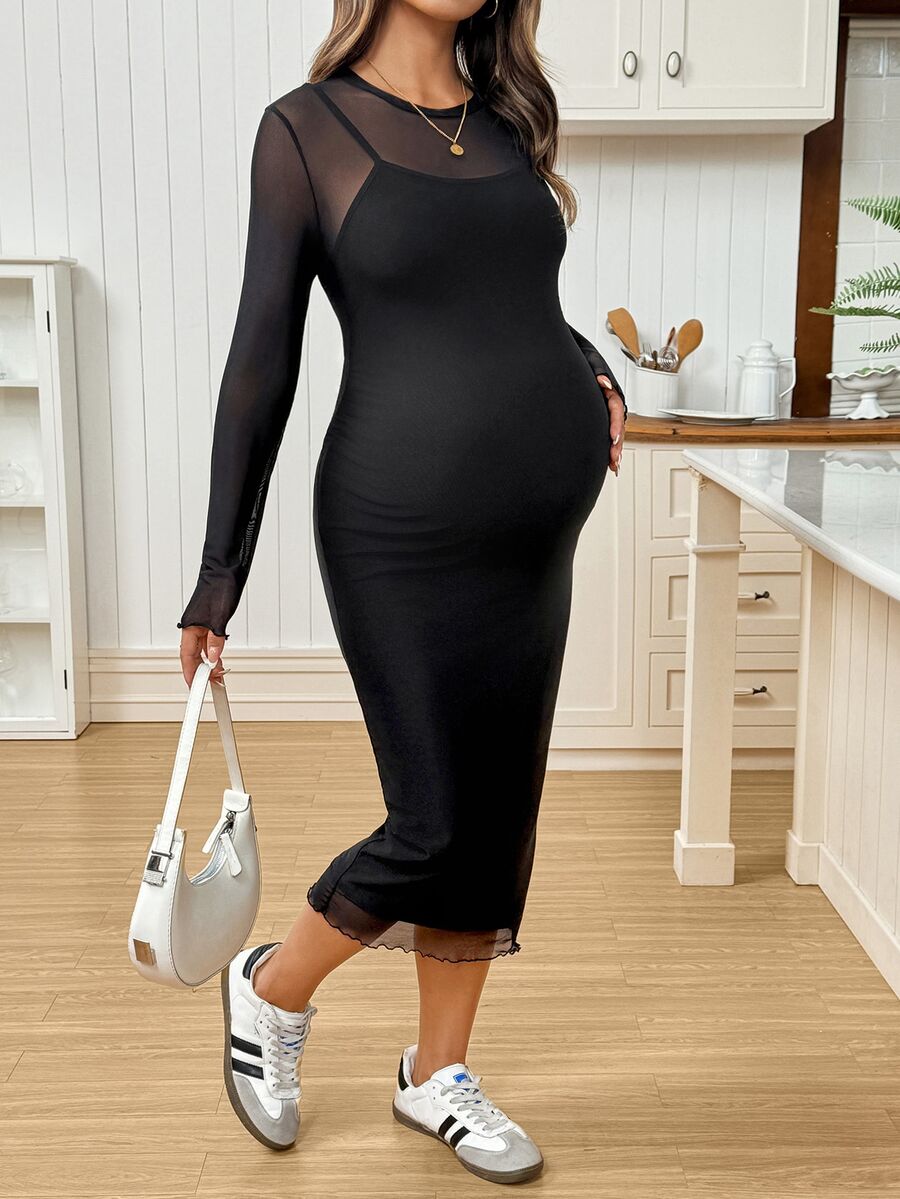 SHEIN High-Stretch Mesh Casual Maternity Dress,Maternity Summer Fashion Mesh Bodycon Dress,Autumn Fall - Black - View 1