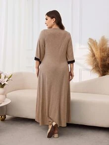 Lacomfia Gaun Wanita Ukuran Besar dengan Detail Renda Kontras di Bagian Depan dan Lengan 3/4 yang Diikat - Kuning - View 2