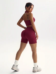 Slayform Women's Polka Dot Print Halter Neck Tank Top And Shorts Sports Set - Burgundy - View 2