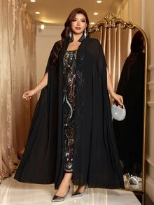 SHEIN Clasi Plus Size Women's Sequin Cami Dress And Cardigan Casual 2-Piece Set - Black - View 8
