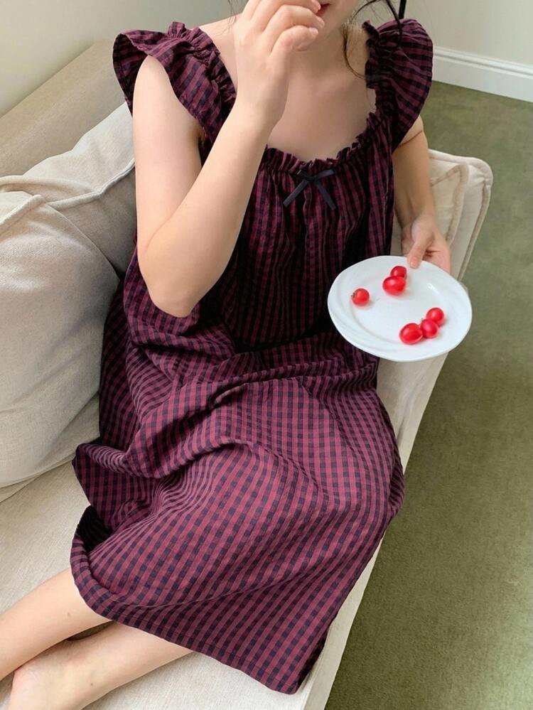 Dazy Plus Wood Ear Trim Shoulder Strap Square Neck Bow Decor Plaid Loose Long House Dress - Burgundy - View 1