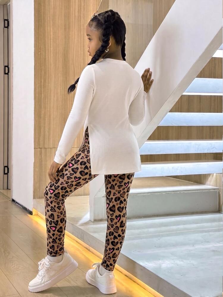 Tween Girls Loose Long Sleeve Side Slit Leggings 2 Pieces Set With Cartoon Pattern - Multicolor - View 2