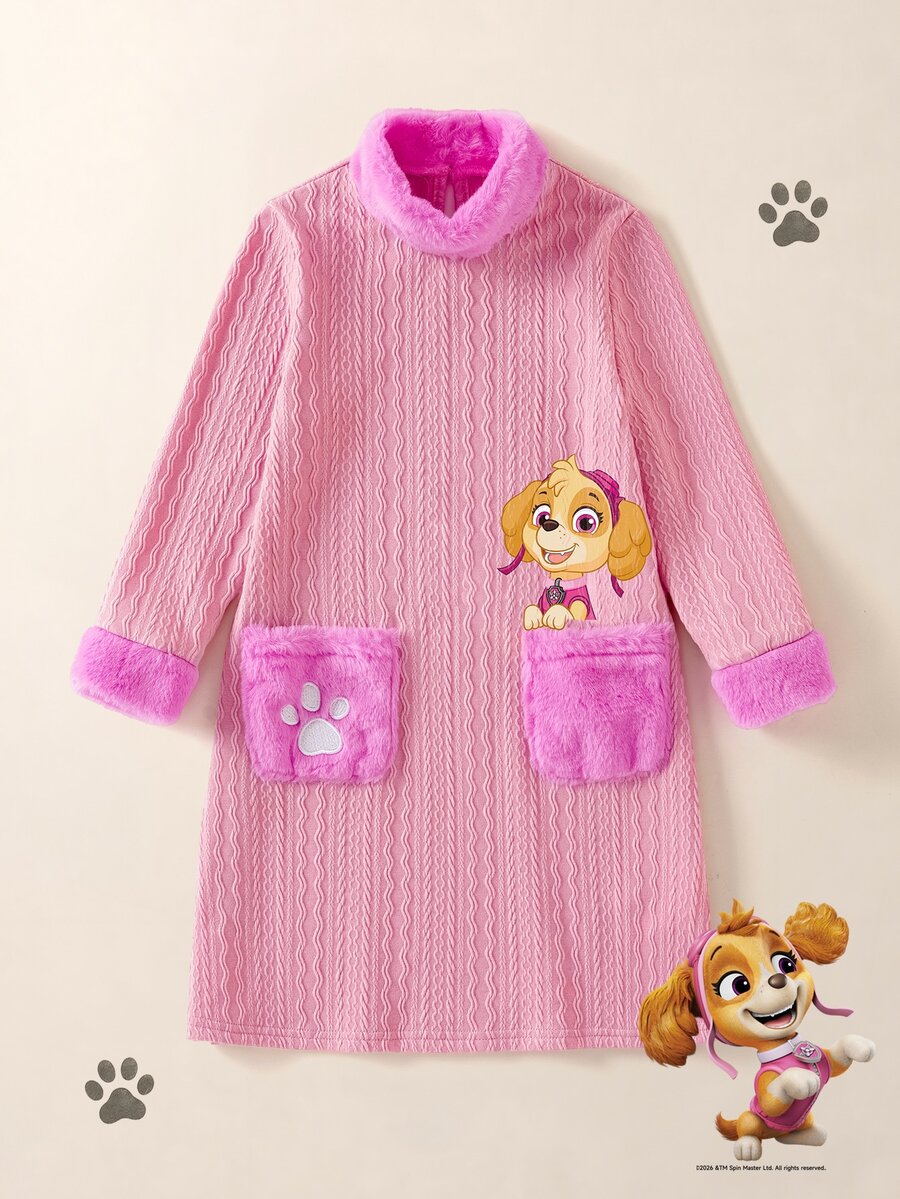 SHEIN | PAW Patrol Young Girl Cute Pattern Pink Long Sleeve Dress - Pink - View 1