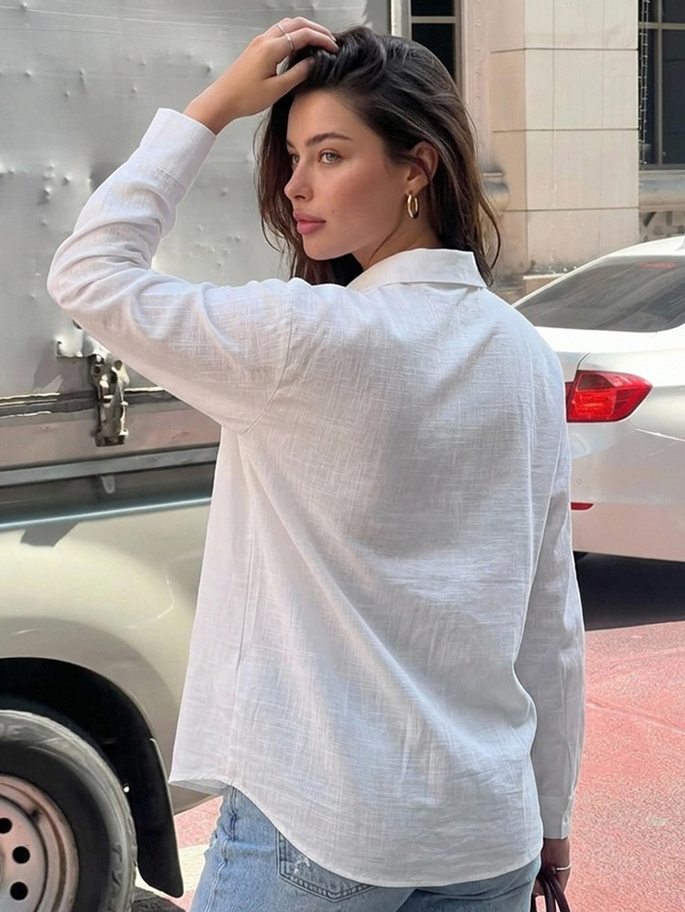 Dazy Plus Casual Versatile Spring/Summer Embroidered Pattern Loose Long Sleeve Shirt Collar White Blouse Fall