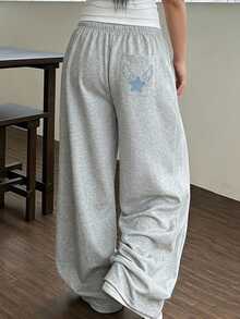 Dazy Plus Plus Size Women's Wing Print American Style Sweatpants Casual Sports Wide Leg Lounge Pants Spring Autumn New - Grey - View 7