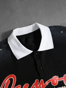 ROMWE MEN Street Life Rivet Decor Eye Print Pattern Loose Fit Polo Shirt Street Vintage - Black - View 3